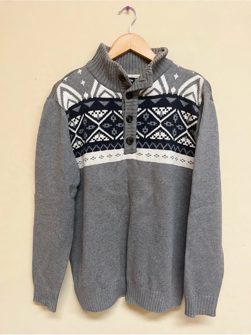 Gray Nordic-Pattern Shawl Collar Men's Sweater